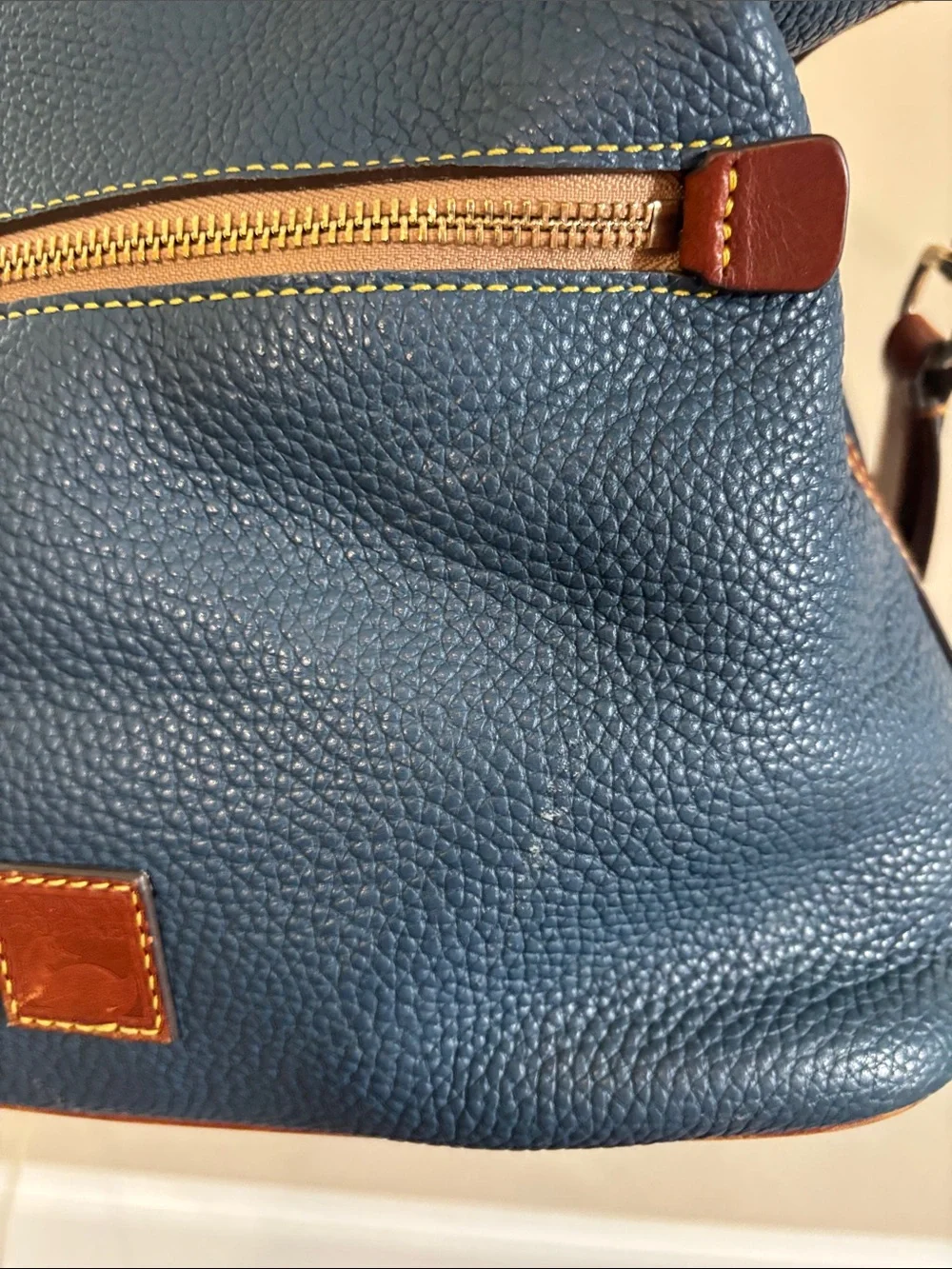 Dooney & Bourke Denim Blue Pebbled Leather Messenger with Brown Trim